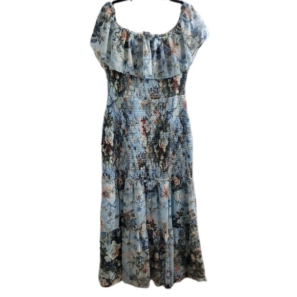 Baltic Born Amalfi Smocked Maxi Dress 1XL Blue Floral Off Shoulder Ruffle NWT - Picture 2 of 9